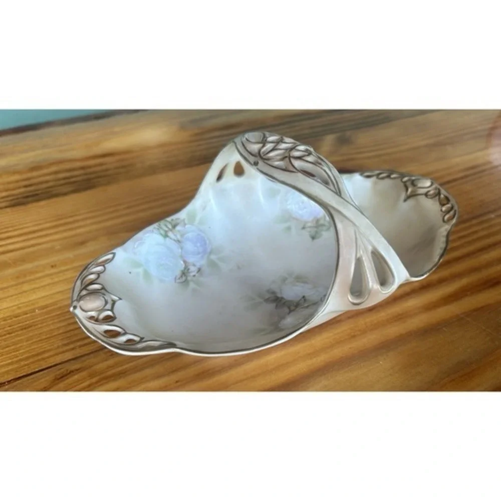 2-PC‎ Antique Bayreuth Bavaria Ivory Vanity Basket & Trinket Dish Artist Signed